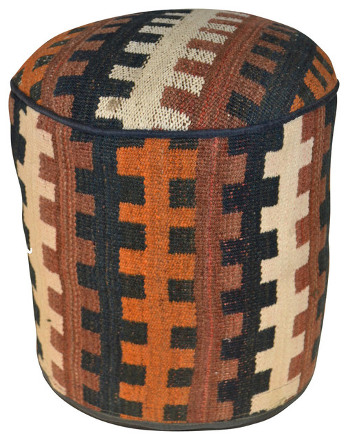 Kilim Rug Sitting Stool, Orange and Brown - Southwestern - Floor Pillows And Poufs - by Crafters ...
