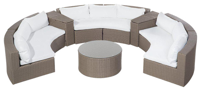 Severo Light Brown Rattan 9-Piece Garden Lounge Set With White Cushions