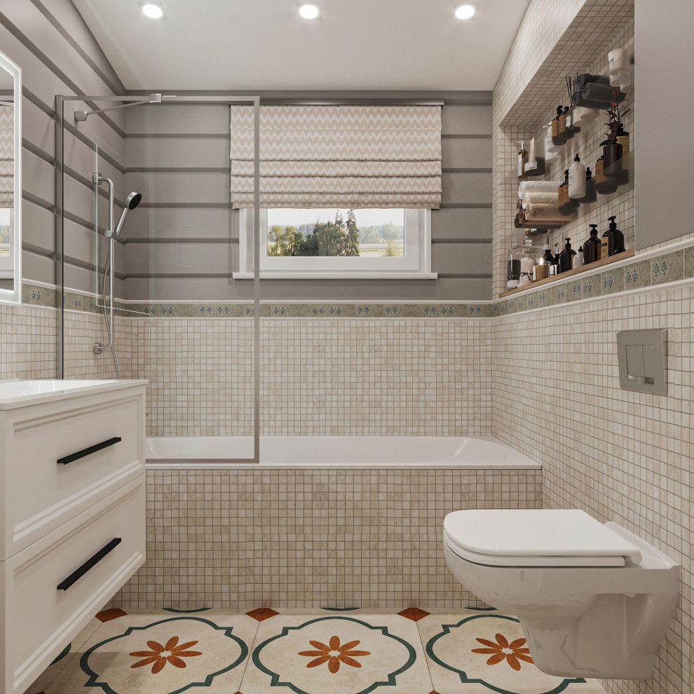 Small elegant master ceramic tile single-sink bathroom photo in London with a floating vanity