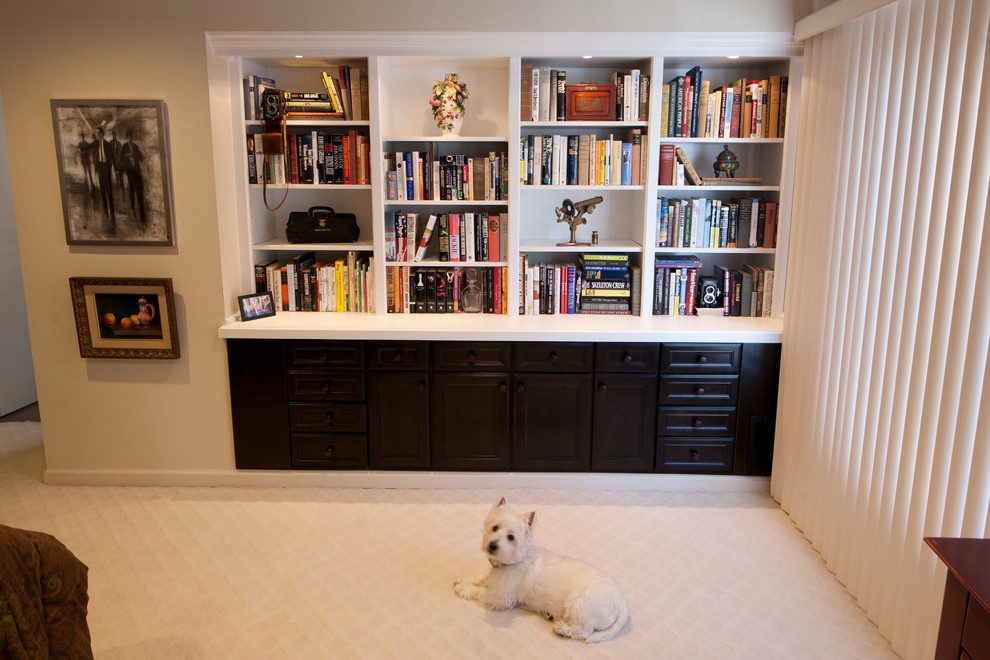 Example of a small transitional master carpeted bedroom design in Indianapolis with beige walls