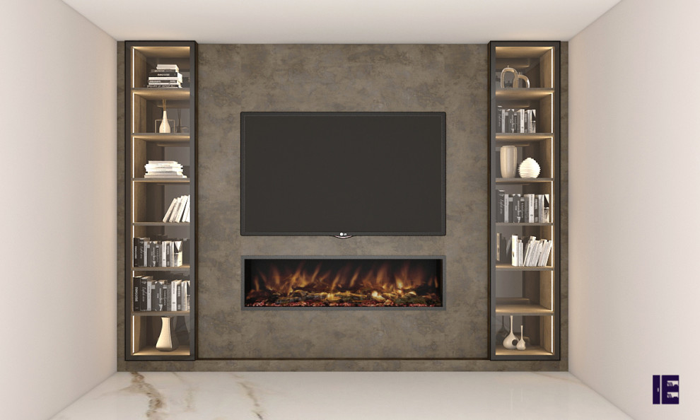 Inspiration for a large modern enclosed home theatre in London with a wall-mounted tv.