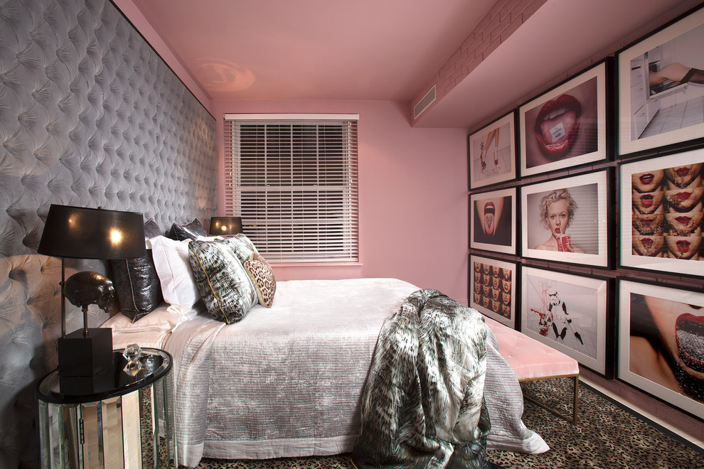 Design ideas for a mid-sized eclectic bedroom in London with pink walls, carpet and multi-coloured floor.