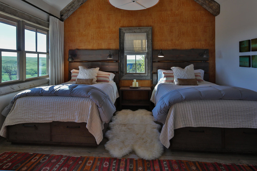 Design ideas for a large contemporary guest bedroom in Other with grey walls and medium hardwood floors.