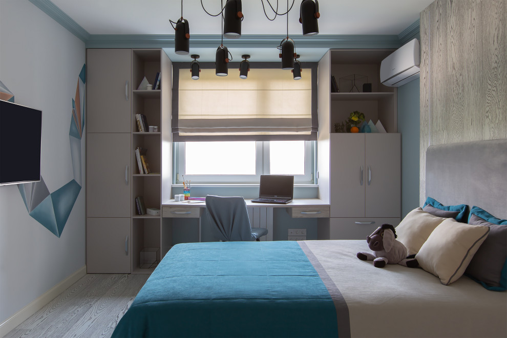 Idee per una cameretta per bambini design di medie dimensioni con pareti blu, pavimento in sughero, pavimento grigio, soffitto ribassato e boiserie