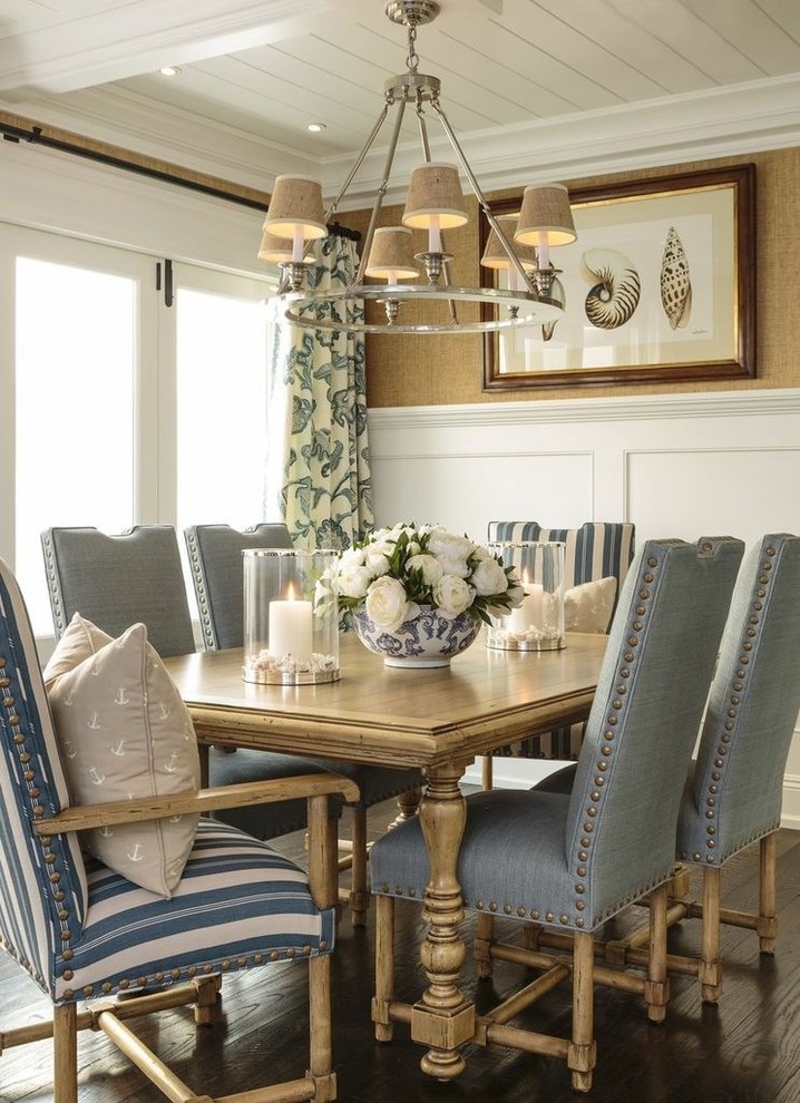 Beach style dining room in Orange County with beige walls and dark hardwood floors.