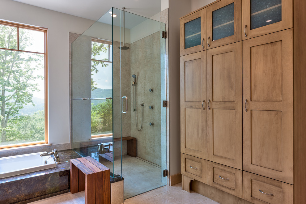 This is an example of a contemporary bathroom in Other with a corner tub.