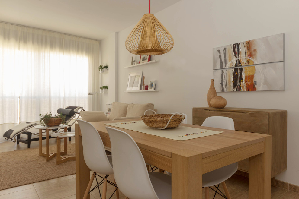 Diseño de comedor contemporáneo de tamaño medio abierto sin chimenea con paredes blancas