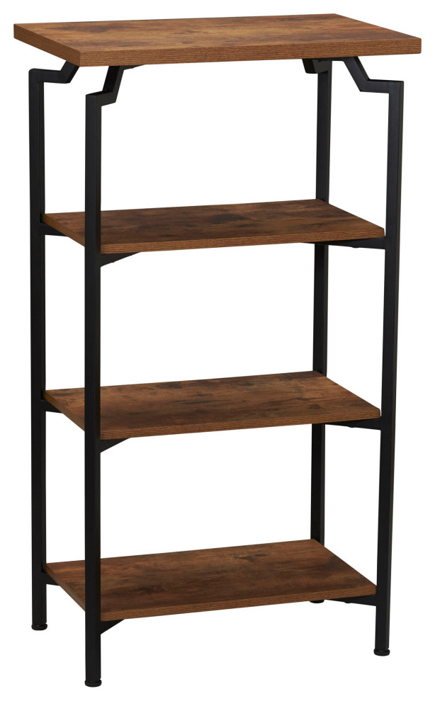 Crown Narrow 4 Shelf Open Storage Bookshelf Rustic Hickory, Black Metal