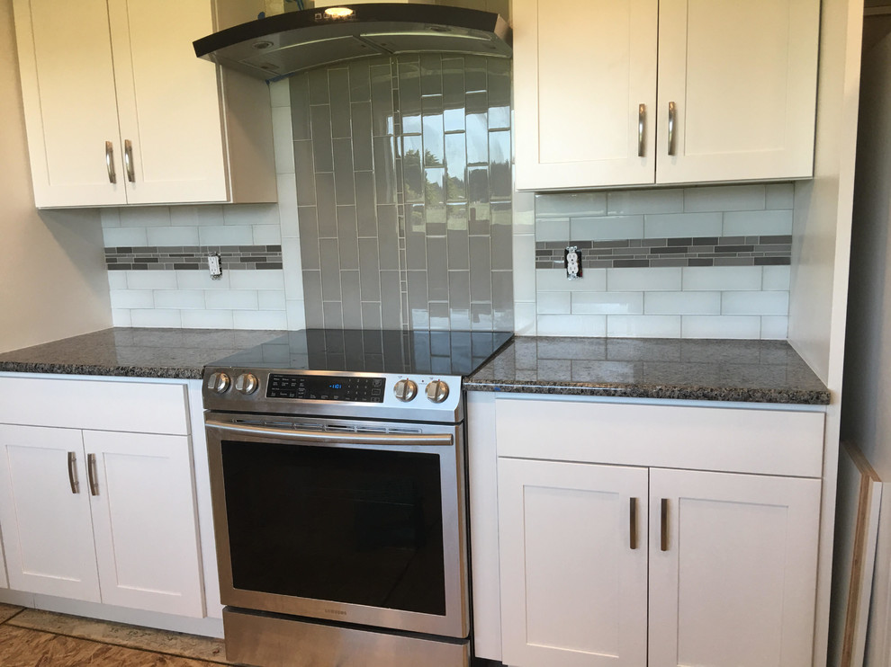 Mid-sized transitional single-wall kitchen photo with shaker cabinets, white cabinets, granite countertops, multicolored backsplash, subway tile backsplash, stainless steel appliances and brown countertops