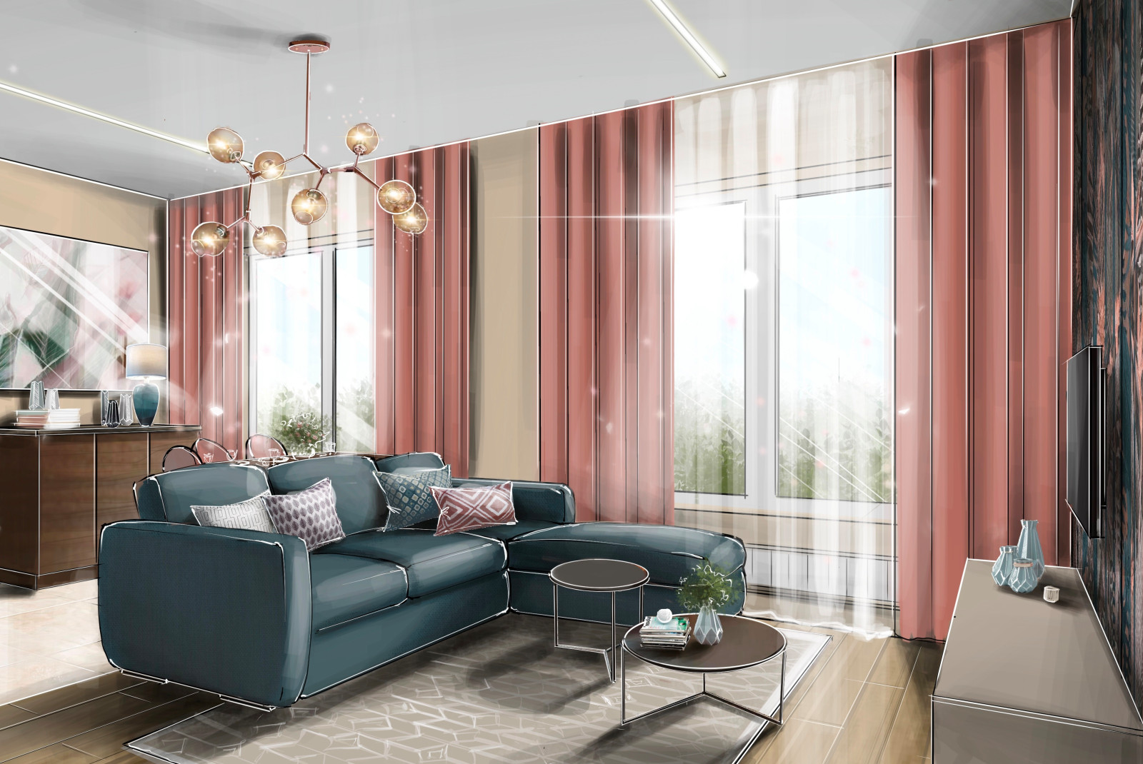 Гостиная-кухня с синим диваном