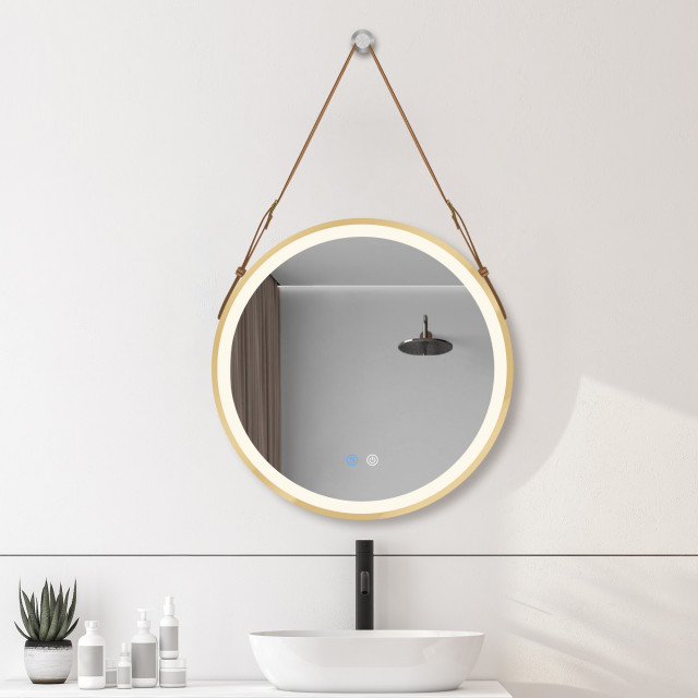 32" Antifog Gold Round Led Mirror for Bathroom Waterproof Aluminum Dimmable Modern Bathroom