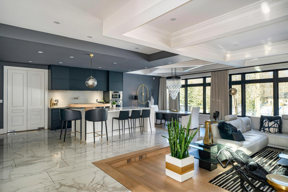 Example of a large minimalist formal and open concept porcelain tile and coffered ceiling living room design in Toronto with gray walls, no fireplace and no tv