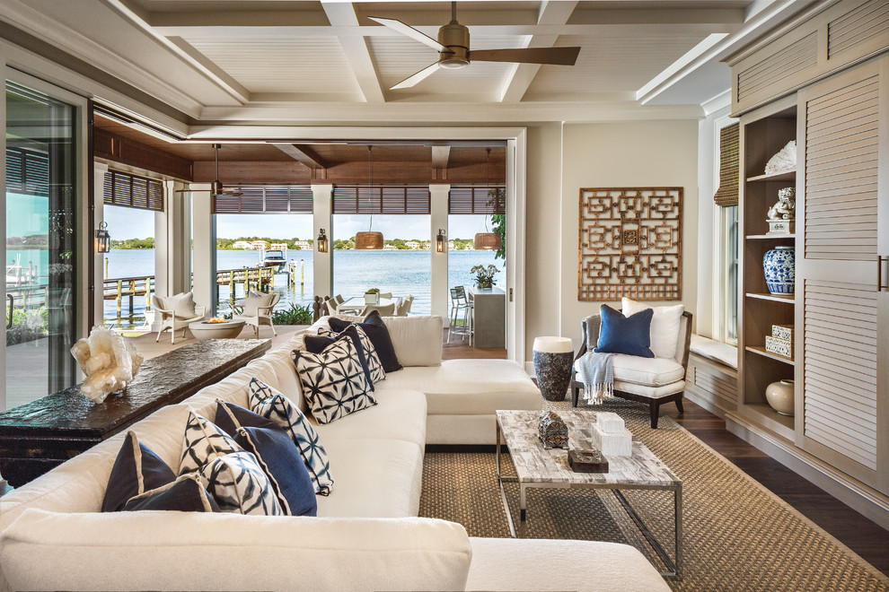 Large trendy open concept dark wood floor family room photo in Tampa with beige walls, no fireplace and a concealed tv