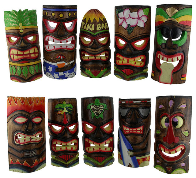 Piece Polynesian Party Hand Carved Island Style Wooden Tiki Masks Inch Tropical Wall