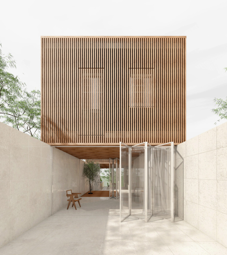 Diseño de fachada de casa pareada contemporánea pequeña de tres plantas con revestimiento de madera, tejado plano y tablilla