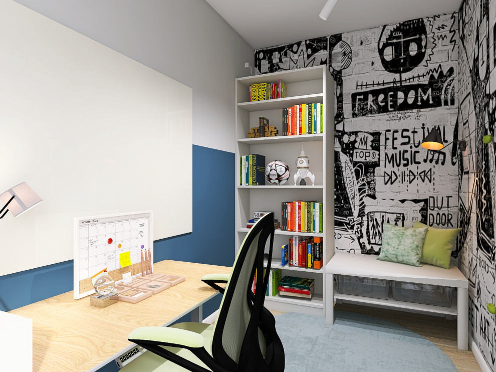 Small scandinavian kids' study room in Munich with blue walls for kids 4-10 years old and boys.