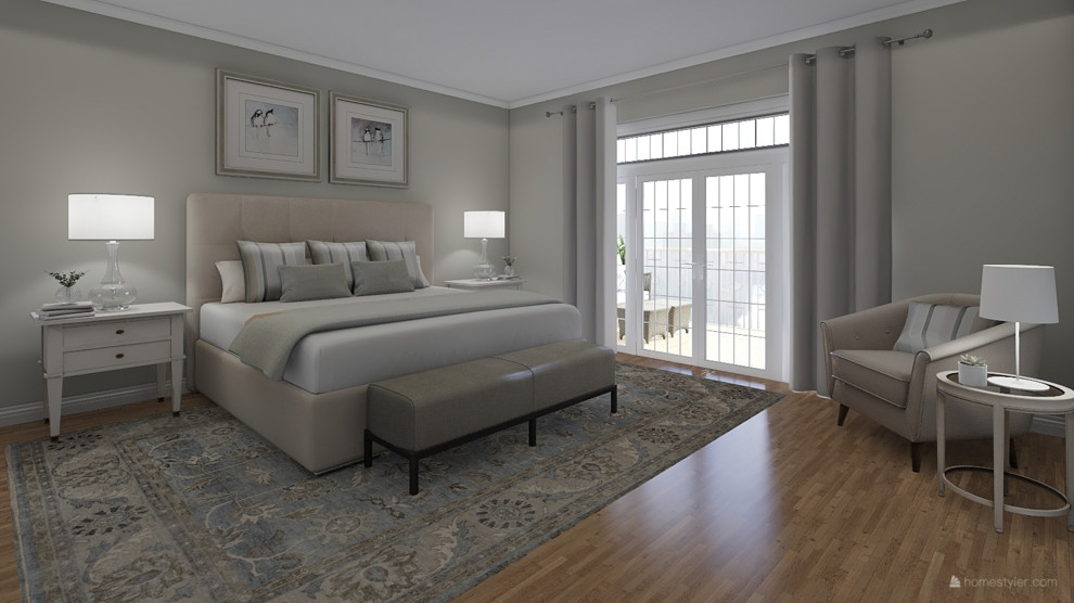 Inspiration for a mid-sized transitional master bedroom in Portland Maine with beige walls, light hardwood floors, no fireplace and brown floor.