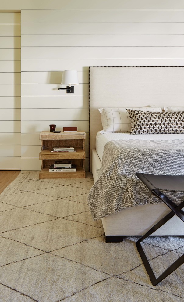 Inspiration for a transitional master bedroom in Charlotte with white walls.
