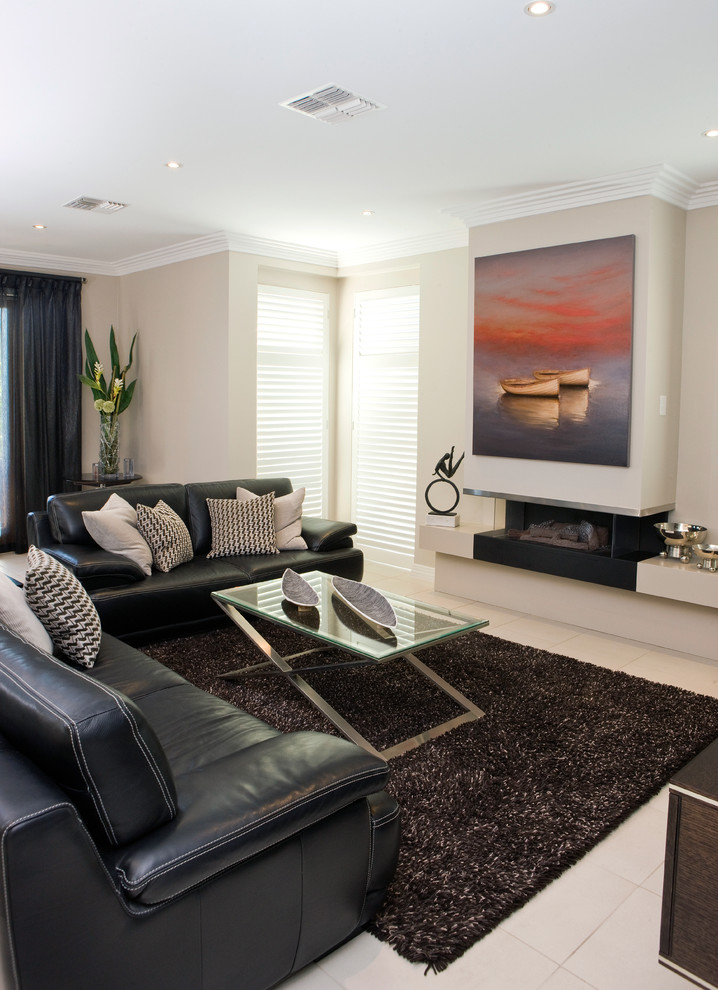 Mid-sized transitional formal enclosed living room in Adelaide with beige walls, a ribbon fireplace, a metal fireplace surround and beige floor.