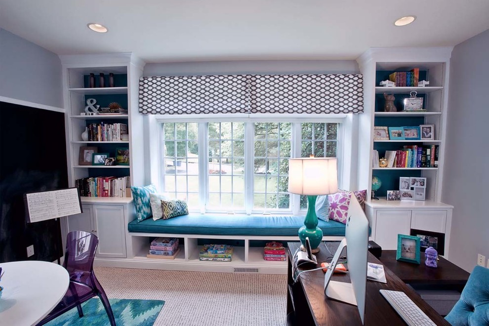 Inspiration for a large contemporary kids' study room in Philadelphia with grey walls, carpet and beige floor.