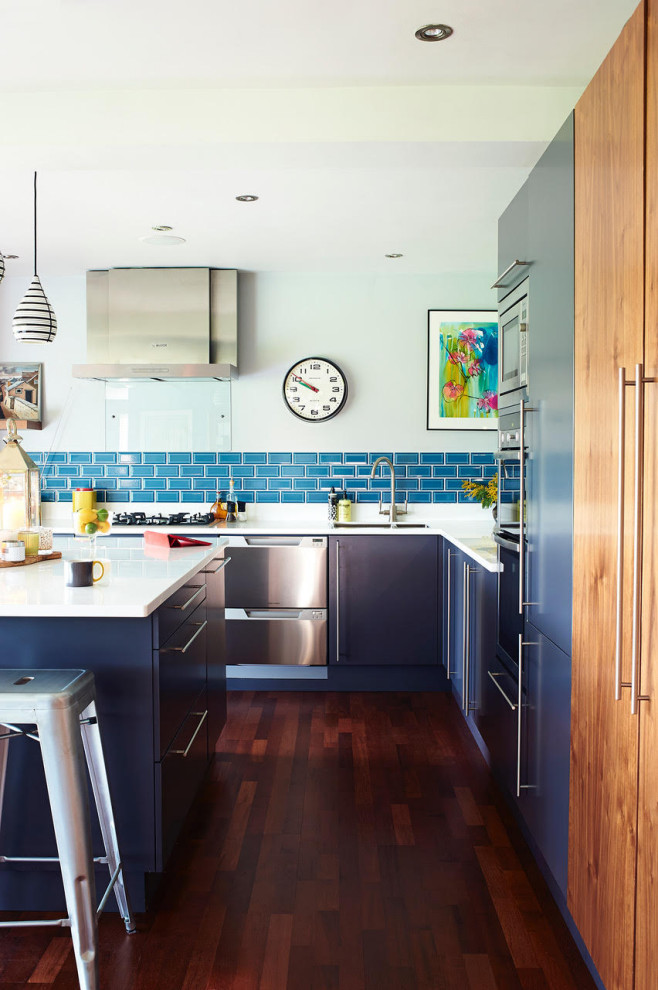 Design ideas for a contemporary kitchen in London with blue cabinets.