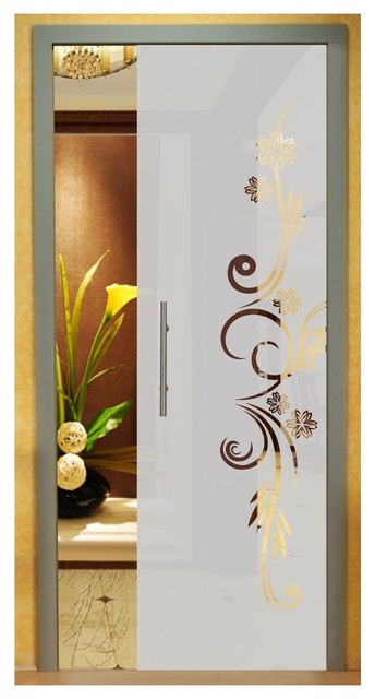Frameless Glass Pocket Sliding Door With Flowers Design 28 X80 Positive Righ
