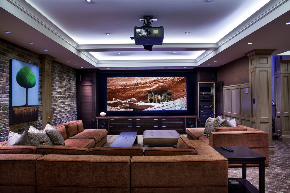 Design ideas for a transitional home theatre in Vancouver with a projector screen.