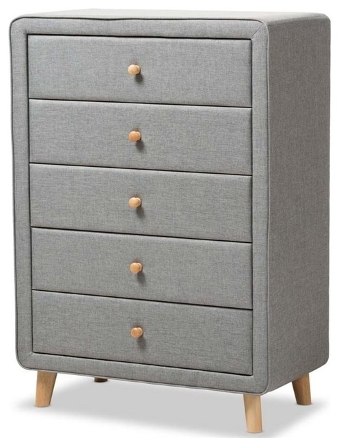 Hawthorne Collection 5 Drawer Fabric Upholstered Chest In Gray