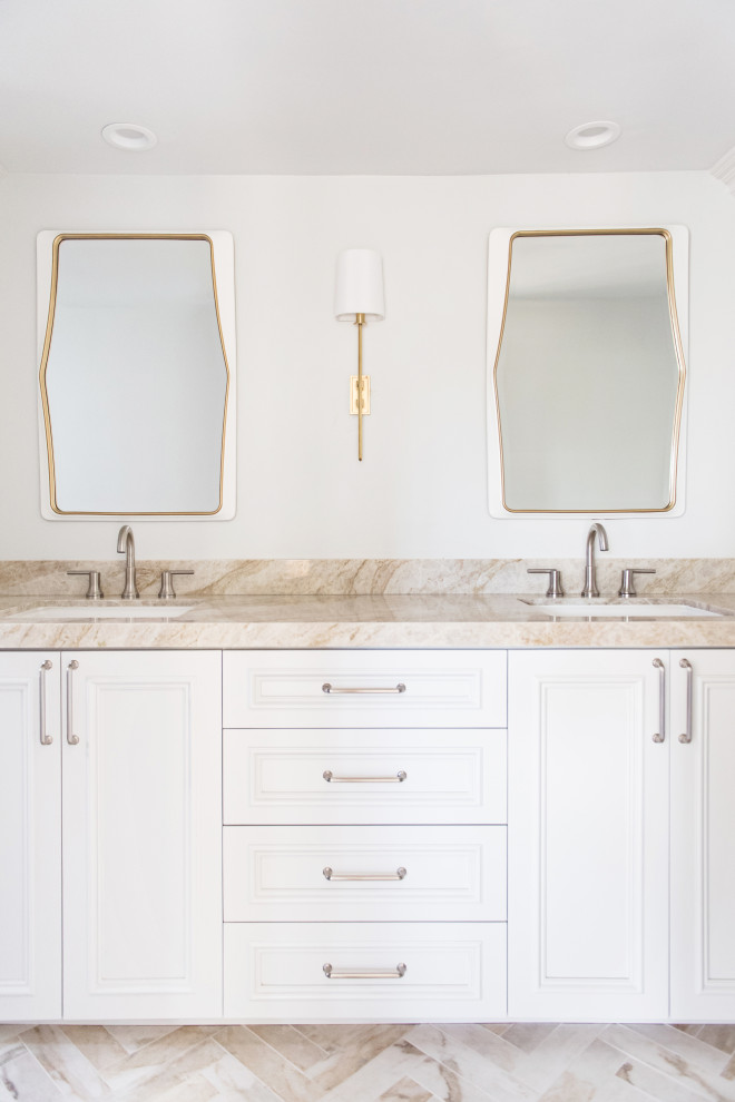 Design ideas for a mid-sized modern master bathroom in San Diego with beaded inset cabinets, white cabinets, an alcove shower, white walls, marble floors, an undermount sink, marble benchtops, multi-coloured floor, a hinged shower door and beige benchtops.