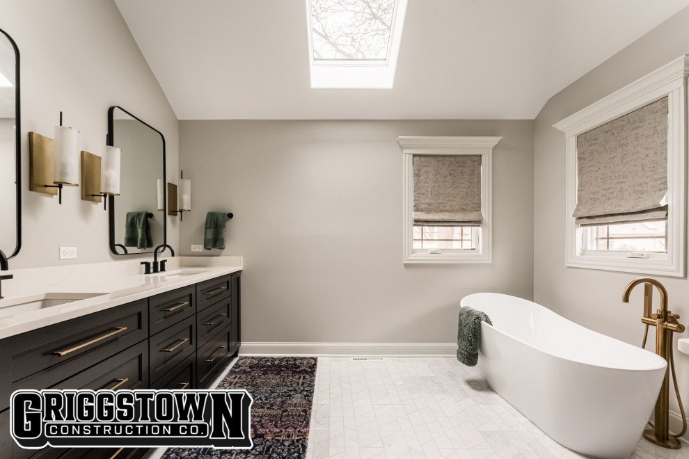 Photo of a large modern master bathroom in Other with shaker cabinets, black cabinets, a freestanding tub, multi-coloured tile, ceramic floors, an undermount sink, quartzite benchtops, multi-coloured floor, multi-coloured benchtops, a double vanity and a floating vanity.