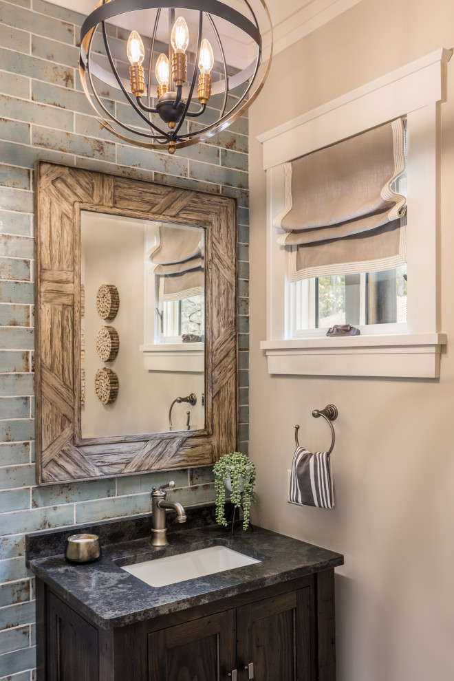 Country powder room in Other with medium wood cabinets, blue tile, subway tile, quartzite benchtops, grey benchtops and a built-in vanity.
