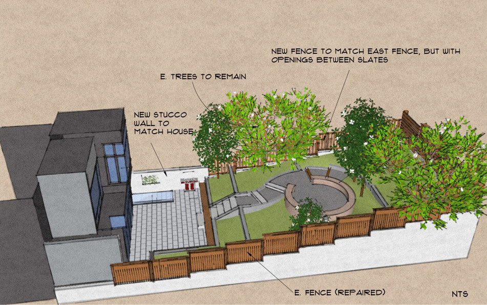 Mid-sized backyard partial sun xeriscape in San Francisco with a retaining wall, natural stone pavers and a wood fence.