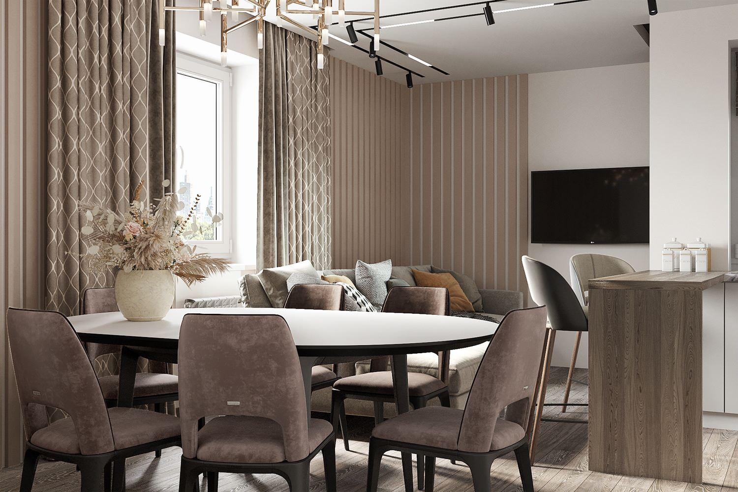 Кухня-гостиная. Вариант в теплых тонах.