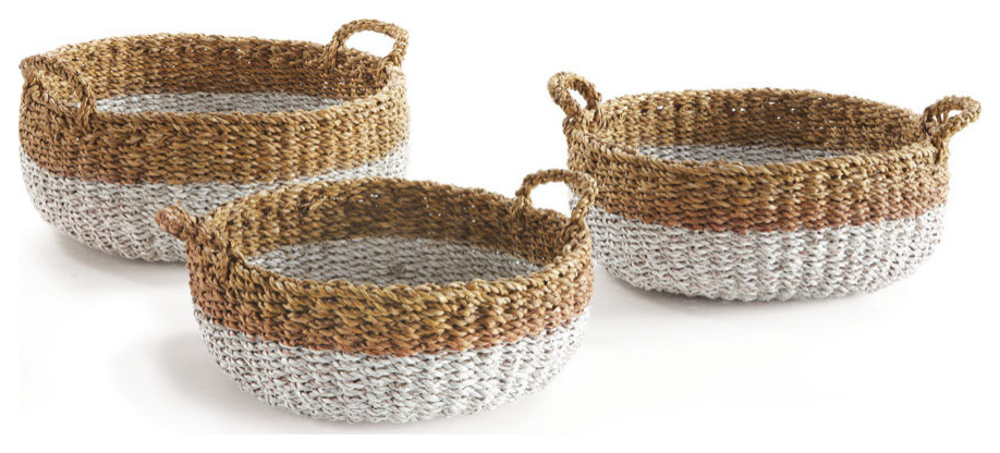 Seagrass Shallow Baskets With Handles, Natural and White, Set of 3