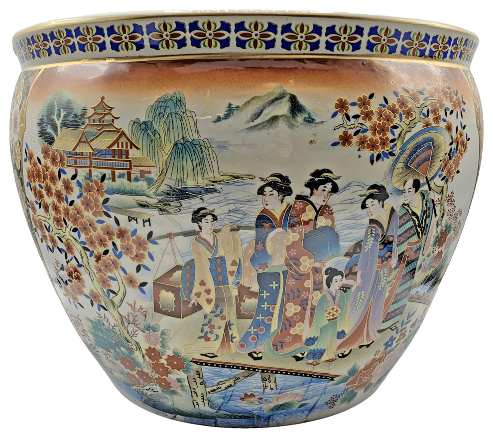 Chinese Porcelain Fish Bowl Planter, Satsuma Geishas Asian Outdoor Pots And Planters by