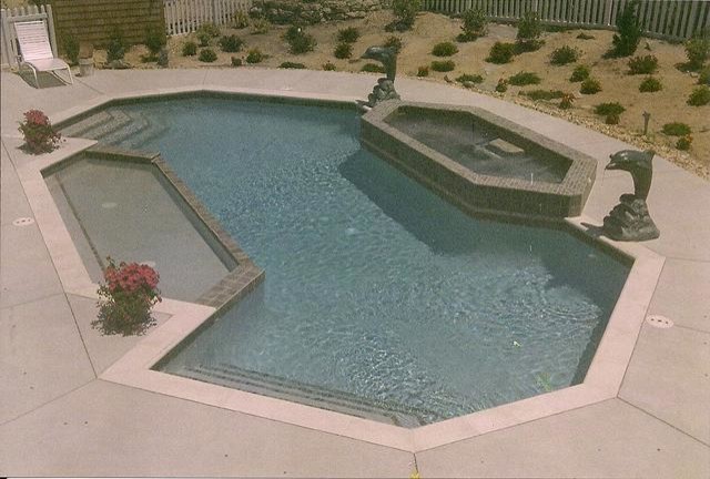Example of a backyard concrete paver and custom-shaped lap pool design