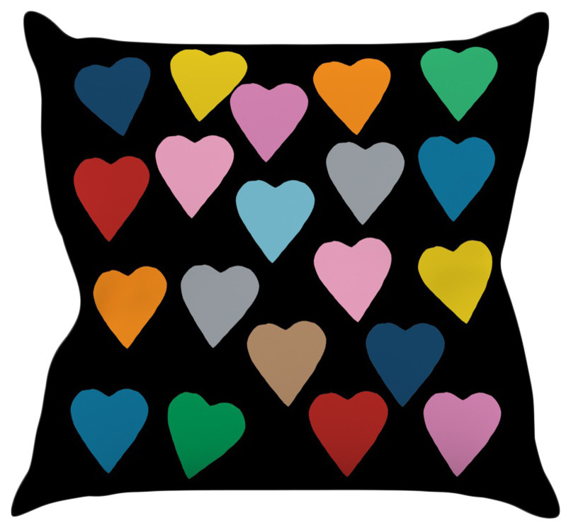 Project M "Hearts Colour on Black" Throw Pillow, 16"x16"