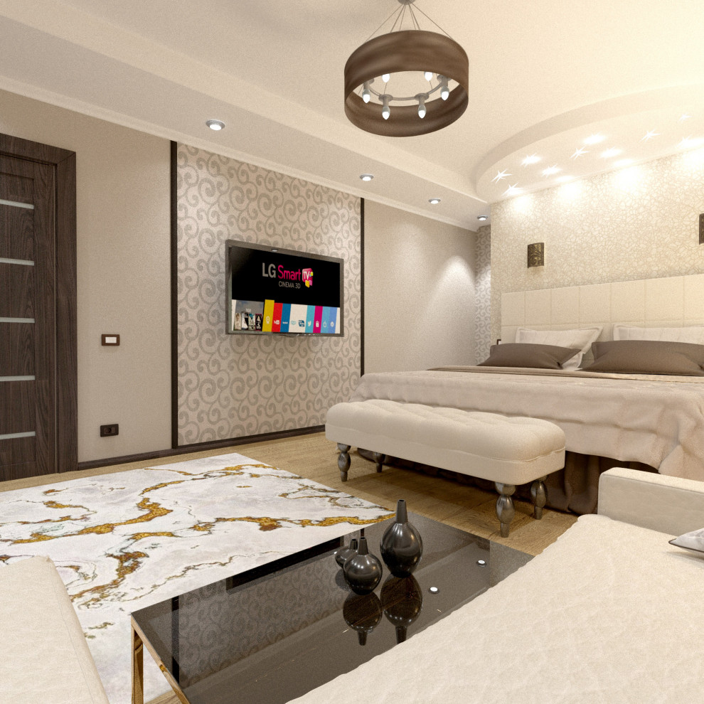 Спальня для семейной пары с переходом в гардеробную