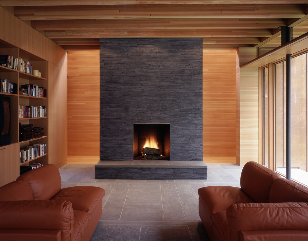 Mid-sized contemporary enclosed living room in Minneapolis with a standard fireplace, a stone fireplace surround, no tv, a library, brown walls and slate floors.
