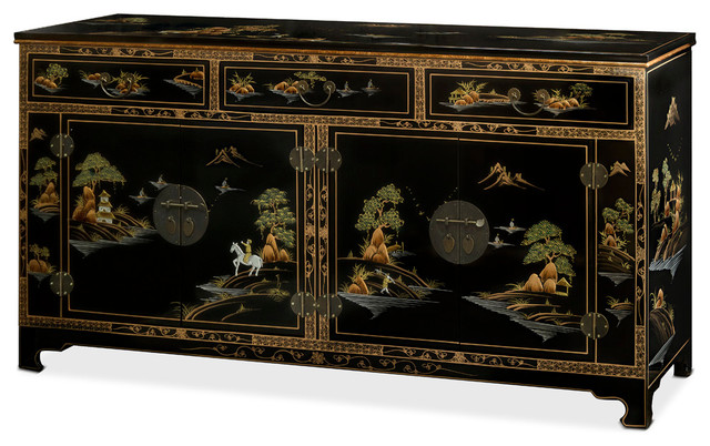 Chinoiserie Scenery Black Lacquer Sideboard - Asian ...