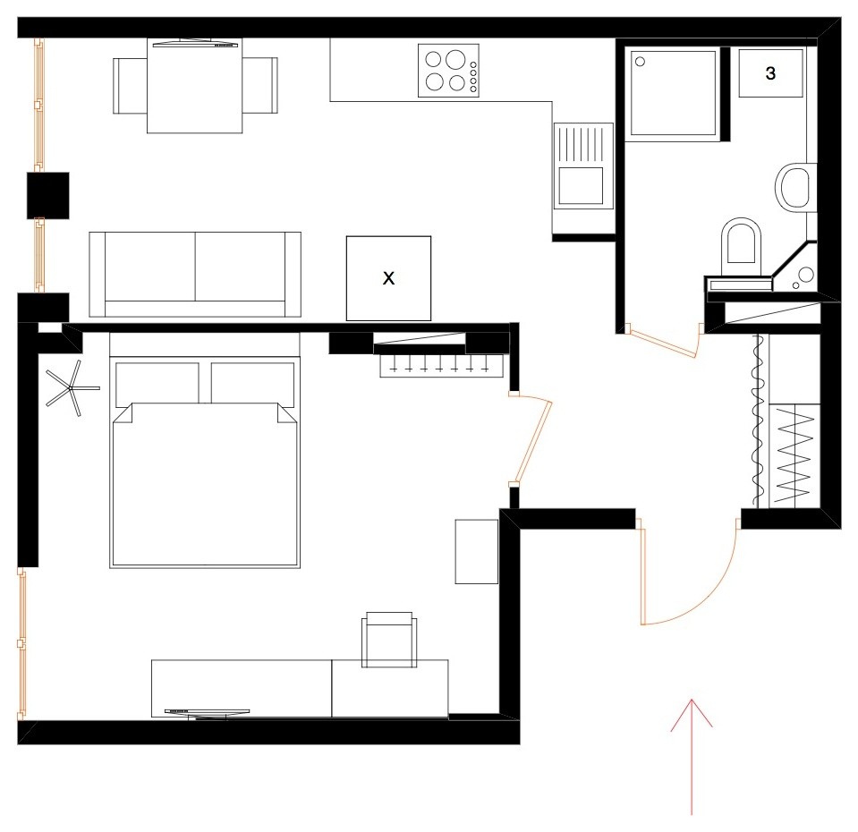 Однокомнатная квартира 40 м² (раздельная комната)