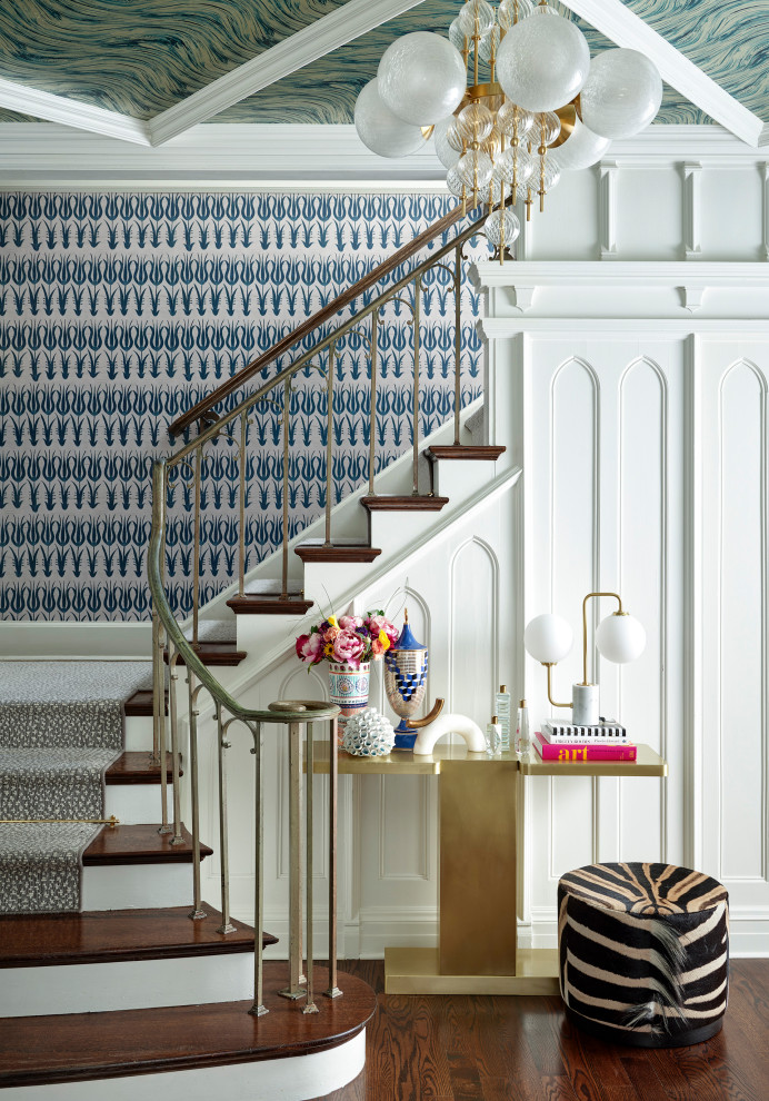Inspiration for a small transitional staircase in Denver with panelled walls.