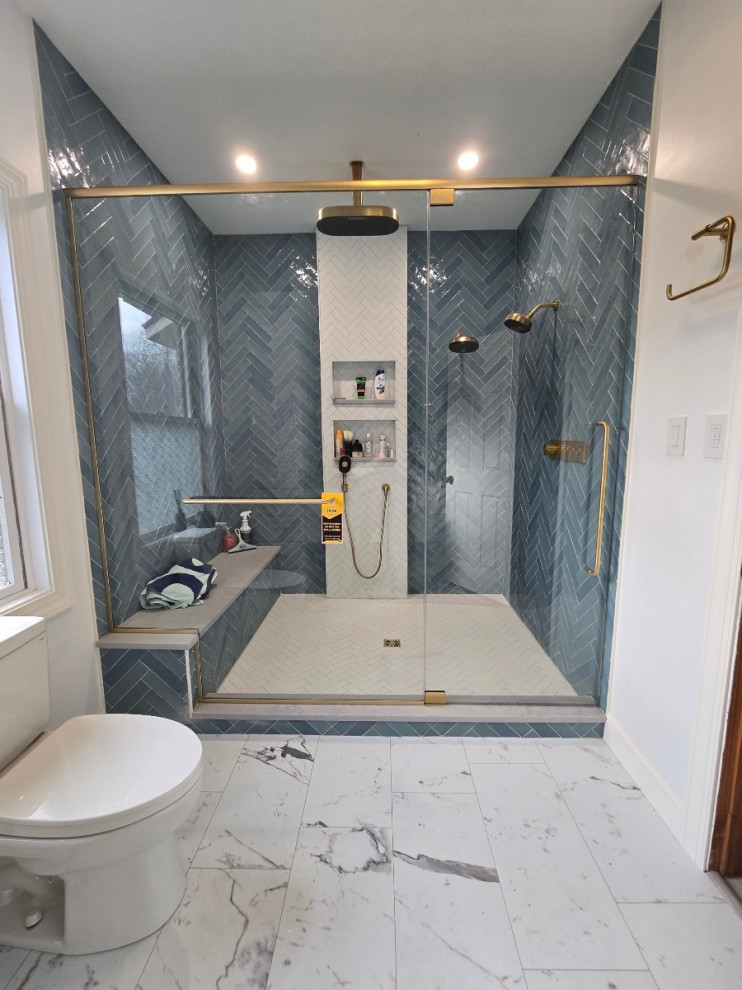 Custom Walk-In Shower With Blue Tile and Gold Accents