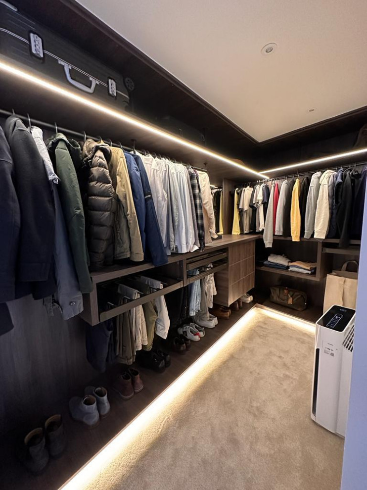 Design ideas for a large contemporary men's walk-in wardrobe in London with open cabinets, dark wood cabinets, carpet and beige floor.
