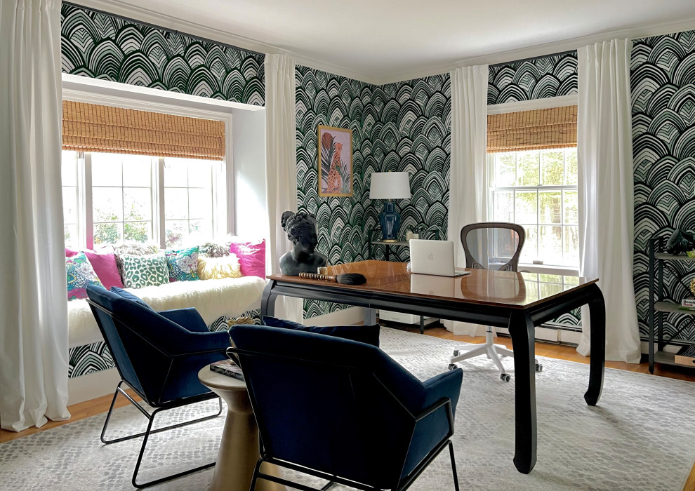 Inspiration for a mid-sized eclectic freestanding desk wallpaper home office remodel in Boston with green walls
