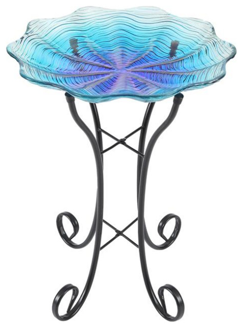 LuxenHome Blue Ripples Glass Bird Bath with Metal Stand - Contemporary ...