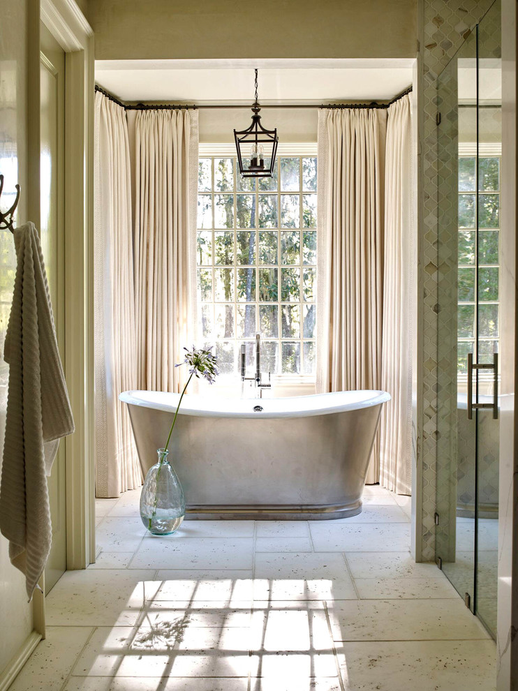 Inspiration for a beach style master bathroom in Other with a curbless shower, white floor and a hinged shower door.