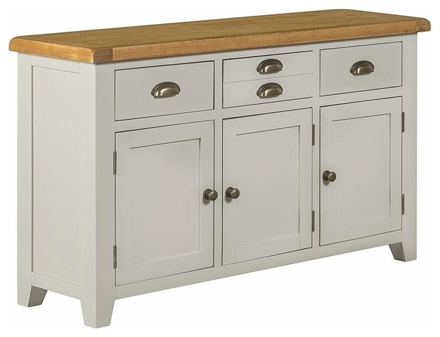 Traditional Sideboard, Grey Painted Solid Wood With Oak Top, Doors and Drawers
