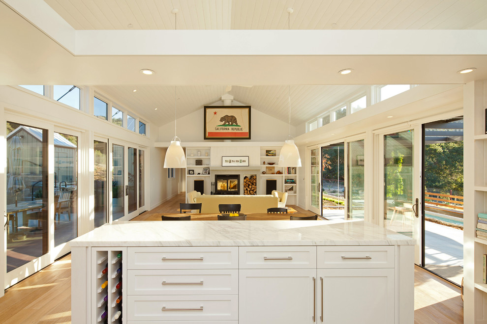 Design ideas for a country living room in San Luis Obispo with white walls.