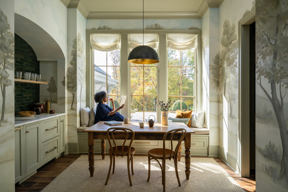 Inspiration for a transitional dark wood floor, brown floor and wallpaper breakfast nook remodel in Nashville with multicolored walls